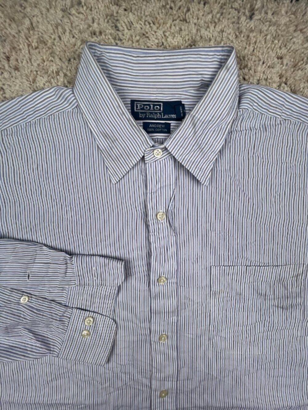 Ralph Lauren ANDREW Button Up Shirt Long Sleeve Size 17 32/33 Blue Striped